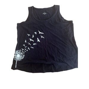 Womens Black Tank Top With White Dandelion & Birds Design 22"W x 25"L